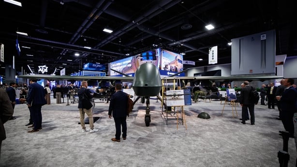 A Gray Eagle STOL at the General Atomics booth on the exhibit floor of the Association of the US Army Defense Show