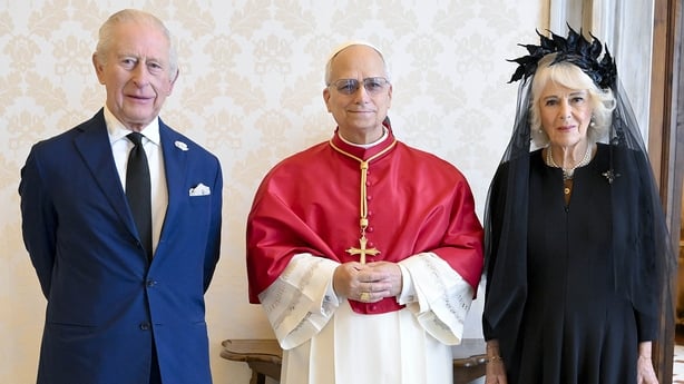 left to right king charles pope leo and queen camilla at the vatican