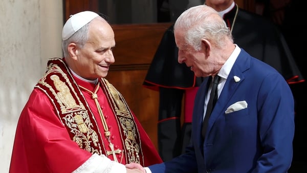 VATICAN CITY, VATICAN - OCTOBER 23: Pope Leo XIV and King Charles III shake hands as they depart from the San Damaso Courtyard on October 23, 2025 in Vatican City, Vatican. During this historic State Visit, King Charles III and Queen Camilla will meet Pop