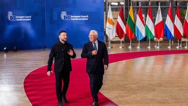 Volodymyr Zelensky and Antonio Costa talk to the media prior to an EU Summit in the Europa building
