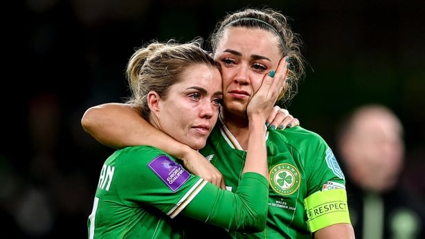Denise O'Sullivan, left, and Katie McCabe of Republic of Ireland after defeat in the UEFA Women's EURO 2025 Play-off Round Two second leg match between Republic of Ireland and Wales at the Aviva Stadium in Dublin.