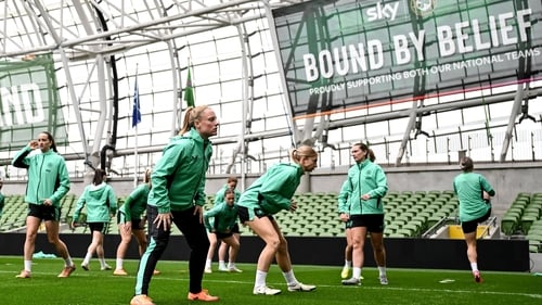 Amber Barrett, left, and team-mates during a Republic of Ireland women training session at the Aviva Stadium