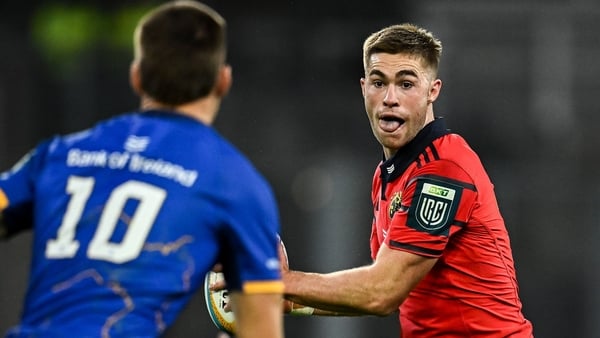 18 October 2025; Jack Crowley of Munster and Sam Prendergast of Leinster during the United Rugby Championship match between Leinster and Munster at Croke Park in Dublin. Photo by Seb Daly/Sportsfile