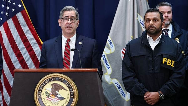 US Attorney for the Eastern District of New York Joseph Nocella (L) speaks alongside FBI Director Kash Patel (R) during a news conference
