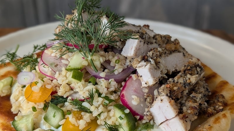 Aisling Larkin's dukkah-spiced chicken with tzatziki, flatbreads & pomegranate tabbouleh