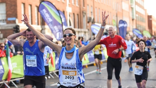 Dublin , Ireland - 29 October 2017; Siobhan Hanratty celebrates finishing the SSE Airtricity Dublin Marathon 2017 in Dublin City. 20,000 runners took to the Fitzwilliam Square start line to participate in the 38th running of the SSE Airtricity Dublin Mara