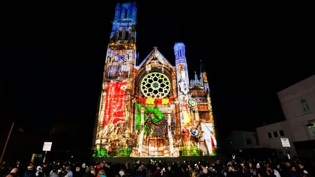 St Peter's Church, Drogheda, is illuminated during the opening night of Lú Festival of Light