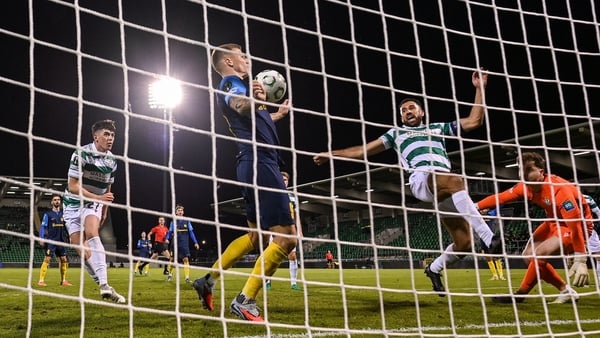 23 October 2025; Franko Kovačević of Celje scores his side's second goal during the UEFA Conference League 2025/26 league phase match between Shamrock Rovers and Celje at Tallaght Stadium in Dublin. Photo by Seb Daly/Sportsfile