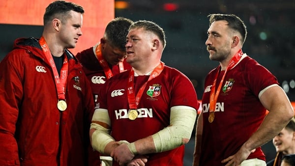 SYDNEY , AUSTRALIA - 2 August 2025; James Ryan, Tadhg Furlong and Jack Conan of British & Irish Lions after the third test match between Australia and the British & Irish Lions at Accor Stadium in Sydney, Australia. (Photo By Brendan Moran/Sportsfile via