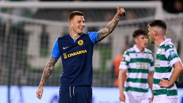 23 October 2025; Franko Kovačević of Celje celebrates after scoring his side's first goal during the UEFA Conference League 2025/26 league phase match between Shamrock Rovers and Celje at Tallaght Stadium in Dublin. Photo by Stephen McCarthy/Sportsfile