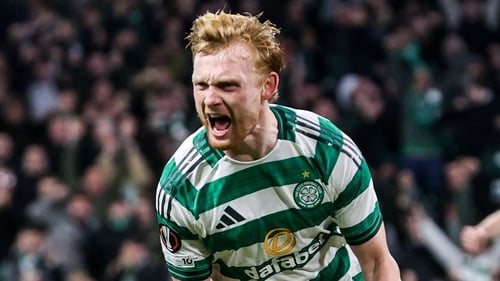 Ireland defender Liam Scales celebrates after scoring the equaliser at Parkhead