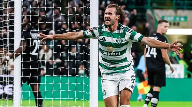 Celtic's Benjamin Nygren celebrates scoring to make it 2-1 during a UEFA Europa League 2025/26 League Phase MD3 match between Celtic and SK Sturm Graz at Celtic Park, on October 23, 2025, in Glasgow, Scotland.