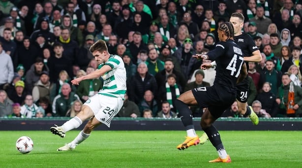GLASGOW, SCOTLAND - OCTOBER 23: Celtic's Johnny Kenny (L) has a first half chance during a UEFA Europa League 2025/26 League Phase MD3 match between Celtic and SK Sturm Graz at Celtic Park, on October 23, 2025, in Glasgow, Scotland. (Photo by Alan Harvey/SNS Group via Getty Images)