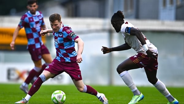 4 July 2025; Conor Kane of Drogheda United in action against Jeannot Esua of Galway United during the SSE Airtricity Men's Premier Division match between Drogheda United and Galway United at Sullivan & Lambe Park in Drogheda, Louth. Photo by Tyler Miller/
