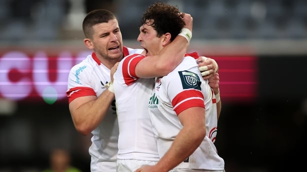 18 October 2025; Nick Timoney and Jack Murphy of Ulster congratulate Tom Stewart of Ulster for scoring their third try during the United Rugby Championship match between Sharks and Ulster at Kings Park in Durban, South Africa. Photo by Shaun Roy/Sportsfile
