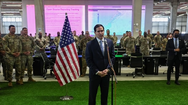 US Secretary of State Marco Rubio speaks to the media after visiting the Civil-Military Coordination Center in southern Israel on October 24, 2025. US President Donald Trump issued a stark warning to Israel over annexing the West Bank in an interview published on October 23, as visiting Secretary of