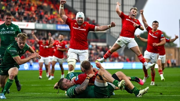 21 September 2024; Munster players celebrate as teammate Gavin Coombes scores their side's fourth try during the United Rugby Championship match between Munster and Connacht at Thomond Park in Limerick. Photo by Brendan Moran/Sportsfile 21 September 2024; Munster players celebrate as teammate Gavin Coombes scores their side's fourth try during the United Rugby Championship match between Munster and Connacht at Thomond Park in Limerick. Photo by Brendan Moran/Sportsfile