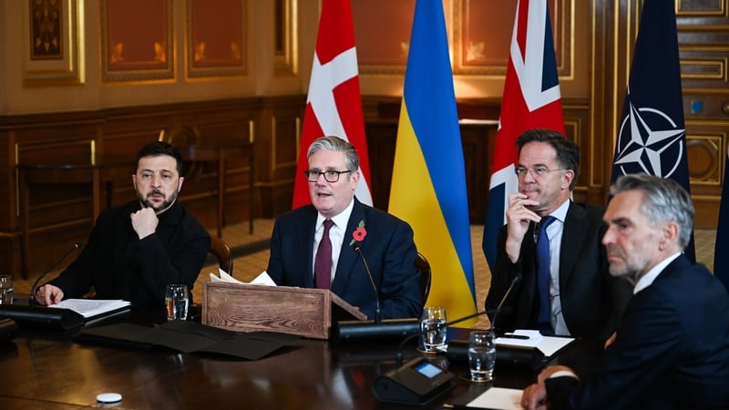 Volodymyr Zelensky, Keir Starmer and Mark Rutte seen during today's meeting in London