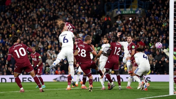 Joe Rodon heads home Leeds United's second goal against West Ham United