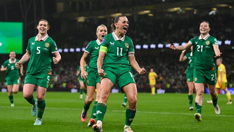 Katie McCabe celebrates Ireland's side's third goal