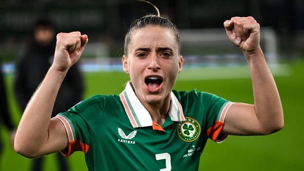 Chloe Mustaki of Republic of Ireland celebrates after the UEFA Women's Nations League A/B promotion/relegation play-off first leg match between Republic of Ireland and Belgium at the Aviva Stadium in Dublin. Photo by Stephen McCarthy/Sportsfile