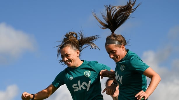 Katie McCabe and Chloe Mustaki, right, during a Republic of Ireland Women training session at the FAI National Training Centre in Abbotstown, Dublin