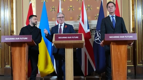 Volodymyr Zelensky, Keir Starmer and Mark Rutte speaking to the media after the meeting of the Coalition of the Willing