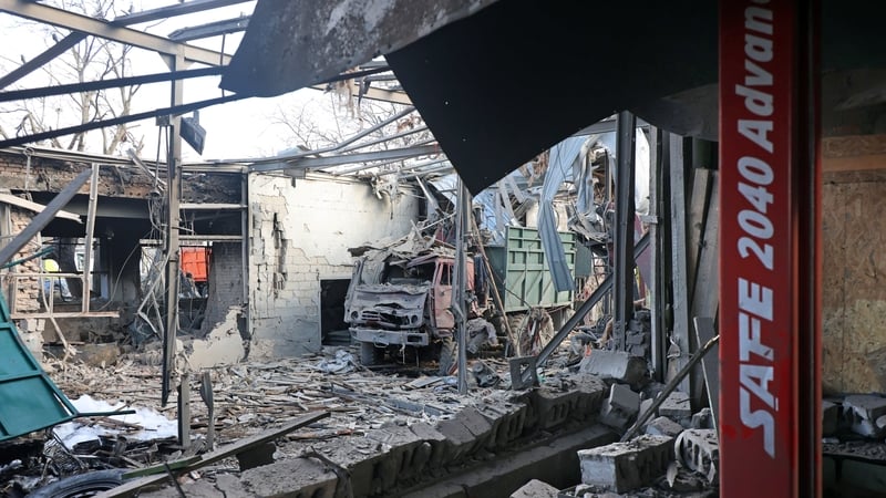 A crushed truck at a civilian enterprise destroyed by a Russian airstrike in the Industrialnyi district of Kharkiv