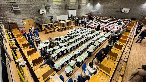 A view from above of ballot boxes at Cavan Monaghan Count Centre