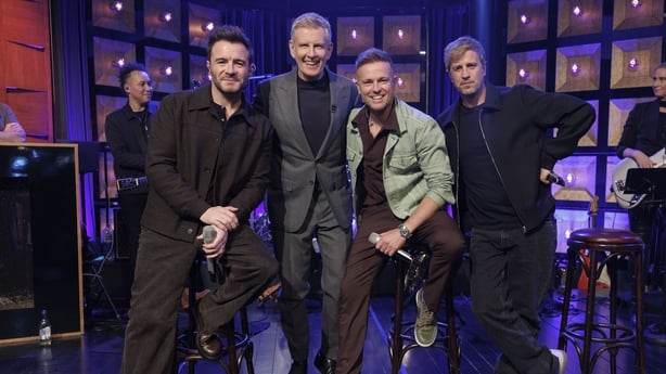 Patrick Kielty is pictured with Westlife, Shane Filan, Nicky Byrne and Kian Egan