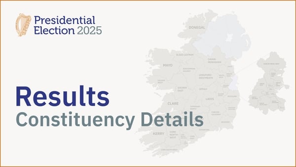 Graphic showing map of Ireland with constituency breakdown for interactive results
