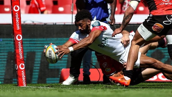 25 October 2025; Robert Baloucoune of Ulster dives over to score his second try during the United Rugby Championship match between Emirates Lions and Ulster at Emirates Airline Park in Johannesburg, South Africa. Photo by Shaun Roy/Sportsfile
