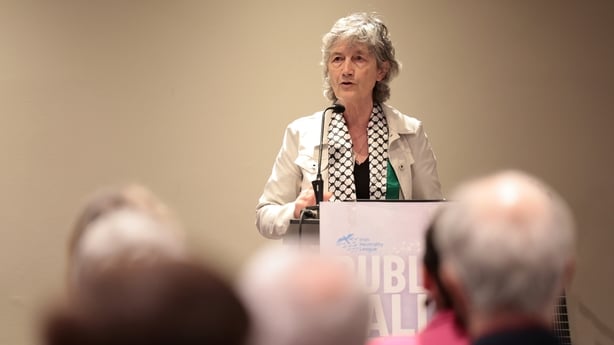 Catherine Connolly seen during an event advocating to keep the Triple Lock