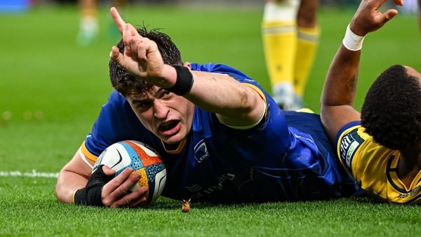 25 October 2025; Alex Soroka of Leinster celebrates after scoring his side's second try during the United Rugby Championship match between Leinster and Zebre Parma at the Aviva Stadium in Dublin. Photo by Brendan Moran/Sportsfile 25 October 2025; Alex Soroka of Leinster celebrates after scoring his side's second try during the United Rugby Championship match between Leinster and Zebre Parma at the Aviva Stadium in Dublin. Photo by Brendan Moran/Sportsfile