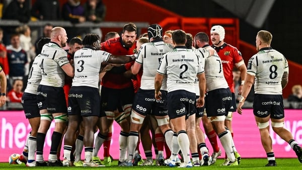 25 October 2025; Players of both sides tussle during the United Rugby Championship match between Munster and Connacht at Thomond Park in Limerick. Photo by Ben McShane/Sportsfile 25 October 2025; Players of both sides tussle during the United Rugby Championship match between Munster and Connacht at Thomond Park in Limerick. Photo by Ben McShane/Sportsfile