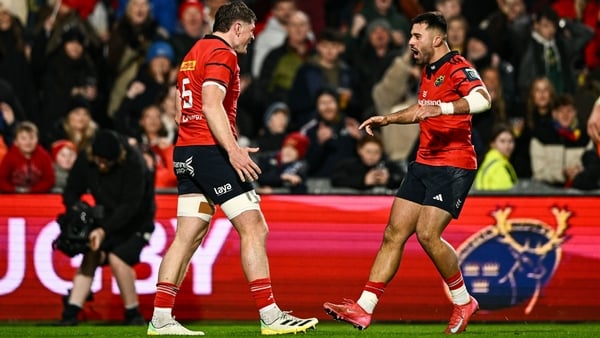 25 October 2025; Jack O'Donoghue of Munster celebrates with teammate Dan Kelly, right, after scoring their side's first try during the United Rugby Championship match between Munster and Connacht at Thomond Park in Limerick. Photo by Ben McShane/Sportsfil 25 October 2025; Jack O'Donoghue of Munster celebrates with teammate Dan Kelly, right, after scoring their side's first try during the United Rugby Championship match between Munster and Connacht at Thomond Park in Limerick. Photo by Ben McShane/Sportsfil