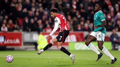 Kevin Schade scoring Brentford's second goal as they beat Liverpool