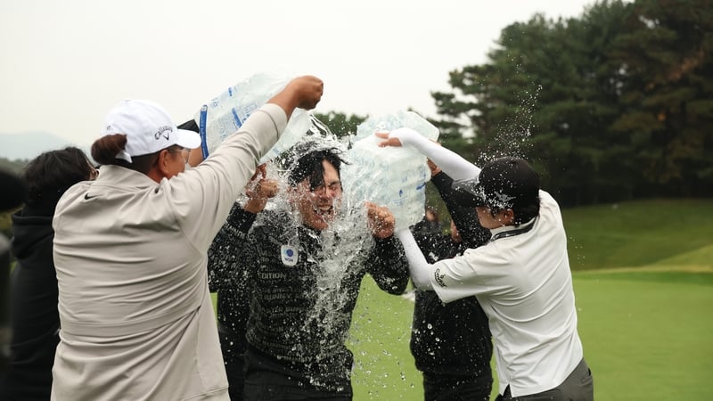 Junghwan Lee was soaked in water in the celebrations afterwards