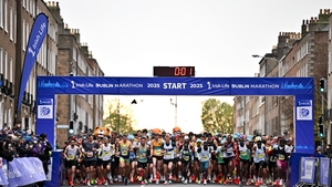 26 October 2025; A general view of the start line during the 2025 Irish Life Dublin Marathon. This marks the 44th edition of the race with thousands of participants from international athletes, club runners, wheelchair-assisted participants, charity runne