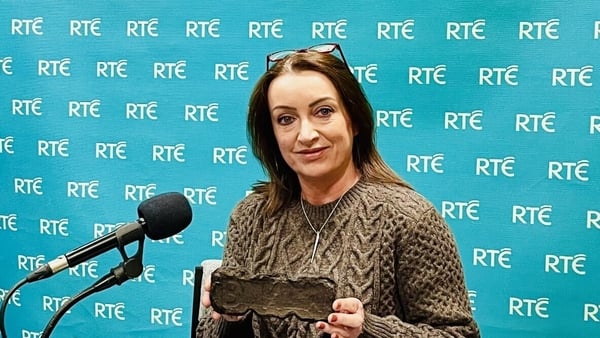 Marion McGarry, in RTÉ Sligo studio for Sunday Miscellany, behind mic, 2025