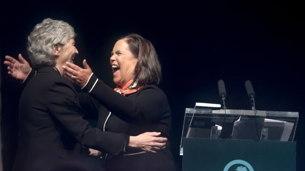 Mary Lou McDonald and Presidential candidate Catherine Connolly hugging at the party's Building for Unity national conference