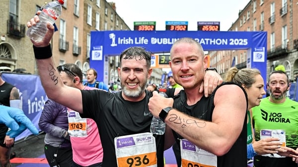 26 October 2025; Shamrock Rovers manager Stephen Bradley, left, and Shamrock Rovers assistant coach Glenn Cronin after competing in the 2025 Irish Life Dublin Marathon. This marks the 44th edition of the race with thousands of participants from internatio