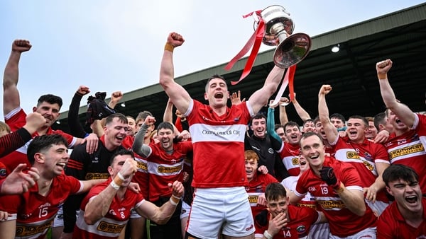 26 October 2025; Dingle captain Paul Geaney and teammates celebrate with the Bishop Moynihan cup after the Kerry County Senior Club Football Championship final match between Austin Stacks and Dingle at Austin Stack Park in Tralee, Kerry Photo by Brendan M
