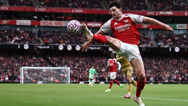 Declan Rice controls the ball during the English Premier League football match between Arsenal and Crystal Palace at the Emirates Stadium in London