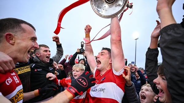 26 October 2025; Dingle captain Paul Geaney and teammates celebrate with the Bishop Moynihan cup after the Kerry County Senior Club Football Championship final match between Austin Stacks and Dingle at Austin Stack Park in Tralee, Kerry Photo by Brendan M 26 October 2025; Dingle captain Paul Geaney and teammates celebrate with the Bishop Moynihan cup after the Kerry County Senior Club Football Championship final match between Austin Stacks and Dingle at Austin Stack Park in Tralee, Kerry Photo by Brendan M