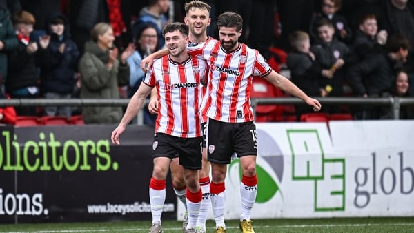 26 October 2025; Brandon Fleming, right, celebrates with Derry City teammate Adam O'Reilly after scoring their side's first goal during the SSE Airtricity Men's Premier Division match between Derry City and Shamrock Rovers at The Ryan McBride Brandywell S