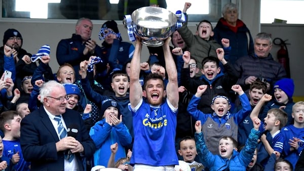 26 October 2025; Scotstown captain Damien McArdle lifts the Mick McDuffy cup after the Monaghan County Senior Club Football Championship final match between Scotstown and Inniskeen at St Tiernach’s Park in Clones, Monaghan. Photo by Philip Fitzpatrick/Spo