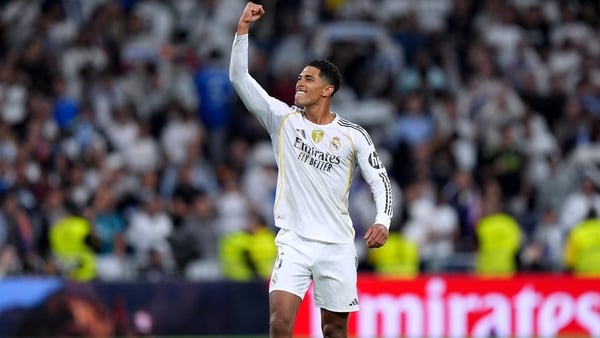MADRID, SPAIN - OCTOBER 26: Jude Bellingham of Real Madrid celebrates victory after defeating FC Barcelona during the LaLiga EA Sports match between Real Madrid CF and FC Barcelona at Estadio Santiago Bernabeu on October 26, 2025 in Madrid, Spain. (Photo