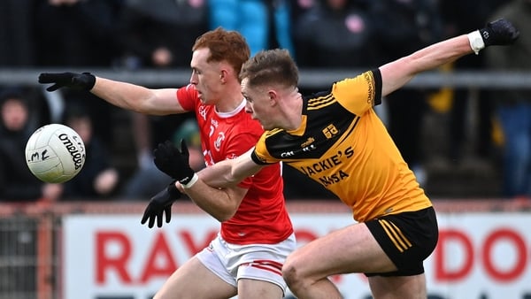 26 October 2025; Seanie O'Donnell of Trillick in action against Gareth Donaghy of Loughmacrory during the Tyrone County Senior Club Football Championship final match between Loughmacrory and Trillick at O'Neills Healy Park in Omagh, Tyrone. Photo by Olive