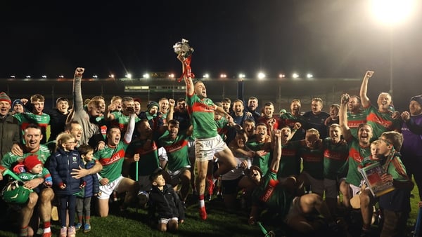 26 October 2025; Loughmore Castleiney captain Liam McGrath and his teammates celebrate with the Dan Breen cup after during the Tipperary County Senior Club Hurling Championship final match between Loughmore Castleiney and Nenagh Éire Óg at FBD Semple Stad